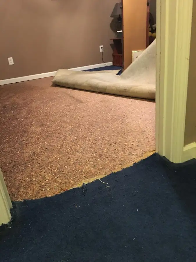 Carpet pad removal revealing water damage during Water Mitigation Services in Weirton